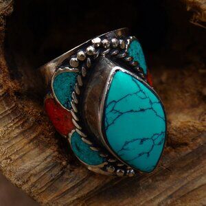 Vintage Large Tibetan Nepalese Marquise Turquoise & Coral Silver Ring Size 10.25